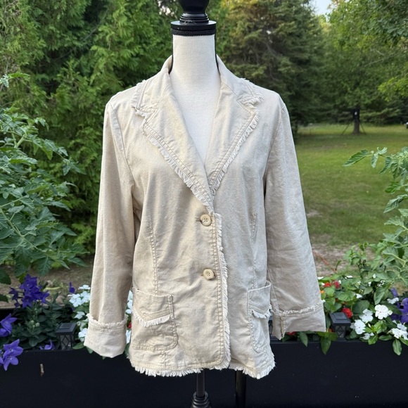 Women's Beige shimmery Frayed Edge Jacket Size Large Cotton linen spandex blend - Picture 1 of 8